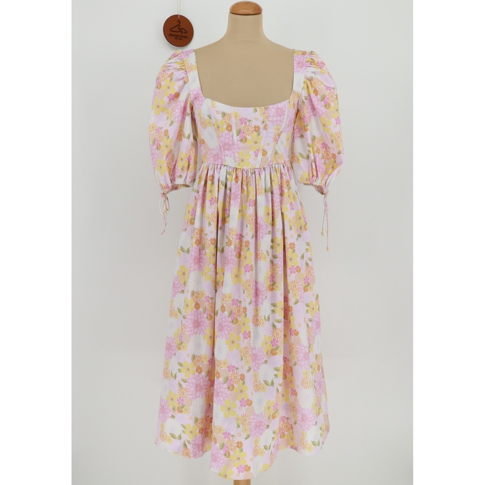 For Love & Lemons Carrie Corset Midi Dress Puff Sleeve Open Back XS Cottagecore